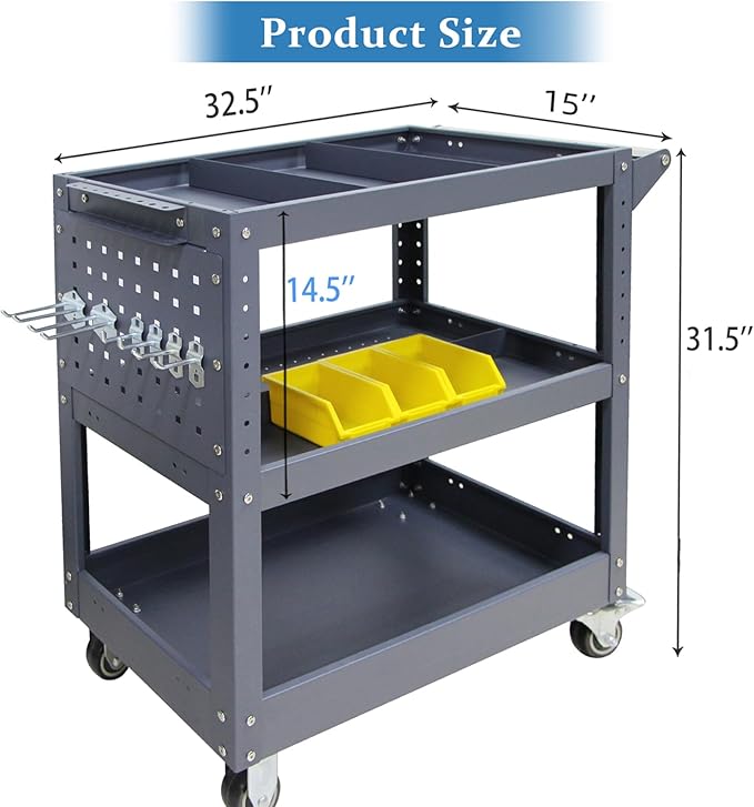 3 Tier Rolling Tool Cart, 500 lbs Capacity, 31.5"x29"x15", Mechanics Cart with 4 Dividers, Mesh Panel & Screwdriver Shelf