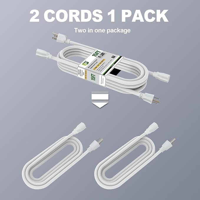 EP 2 Pack 15 Ft Outdoor Extension Cord - 16/3 SJTW White Electrical Cable with 3 Prong Grounded Plug