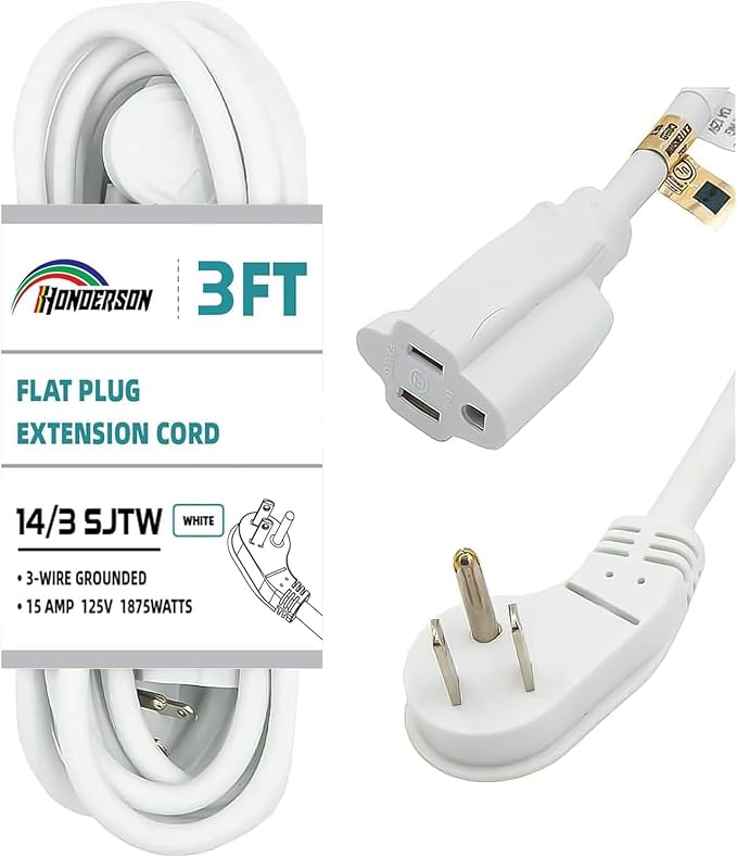 Flat Plug Indoor Extension Cord, UL Certified, 14 Gauge 3FT White 3 Prong Heavy Duty, 14/3 SJTW 15A Power Cord for Lights, Appliances, Home