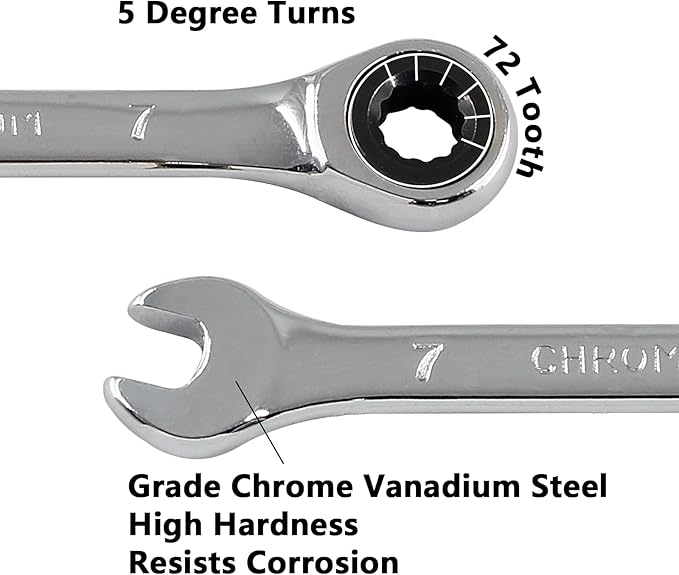 2 Pcs 7mm Ratchet Wrench Metric Ratcheting Wrench Set with 5° Movement and Hardened & 72 Teeth for Projects Metric Tight Spaces
