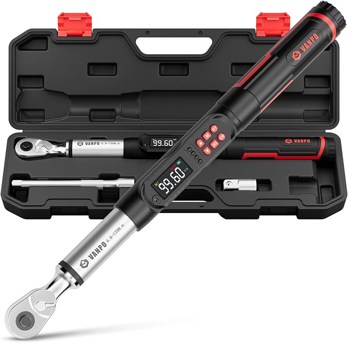 VANPO 3/8-Inch Digital Torque Wrench,5-99.6 Ft-Lb/6.8-135 Nm, ±2% Accuracy, Electronic Torque Wrench with LCD Display, Audible & Vibration Alert, Easy Battery Access,for Car & Motorcycle Maintenance
