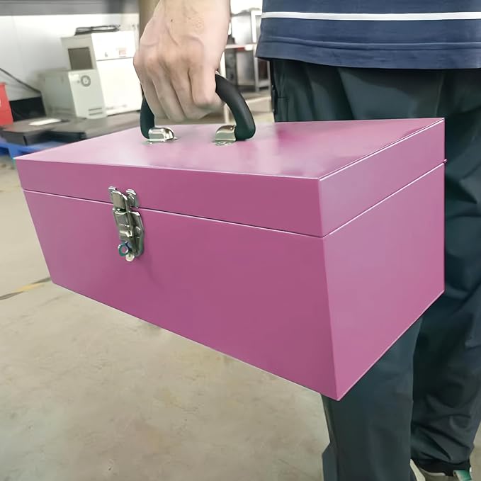 16" Portable Metal Toolbox Large Tool Box 18-Gauge Fishing Tackle Box Tool Box Drawer Organizer With Metal Latch and Handle Pink
