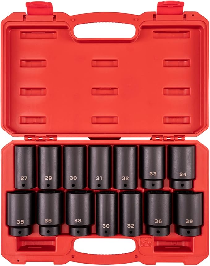 TEKTON 1/2 Inch Drive Deep 6-Point and 12-Point Axle Nut Impact Socket Set with Case, 14-Piece (27-39 mm) | SID92341