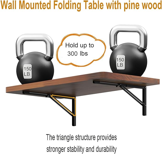 IAE Floating Wall Mounted Folding Table Desk with Pine Wood,36" x 22" Foldable Workbench,Fold Down wall Mounted Foldable Desk with Shelf Brackets,Laundry Folding Table for Home,Dining,Kitchen,Teak