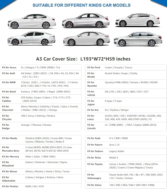 KouKou 6 Layers Car Cover Waterproof All Weather for Automobiles, Fit Sedan Toyota Camry, Honda Accord, Avalon, Civic, Nissan Altima, Maxima, Audi a4, a5, Tesla Model 3 etc.(185 to 193 inches)