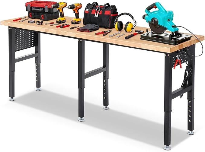ENJOYWOOD Workbench 84 Inch Heavy Duty Rubber Wood Top Work Bench Adjustable Height Work Table 5000 Lbs Load Capacity with Power Outlets & Extended Pegboard for Garage, Home, Office