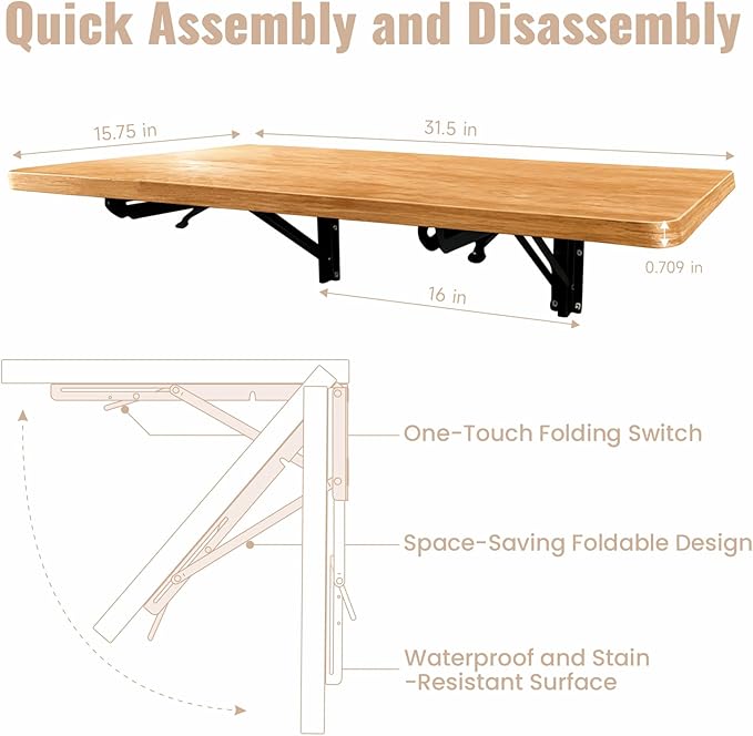 Wall Mounted Folding Table –Great for Garage wall desk ,Laundry Room wall table ,Home Wall Mounted Folding Workbench & Suitable for Solid Wall Holds Up to 100 LBS , Space-Saving – (15.7" x 31.5")