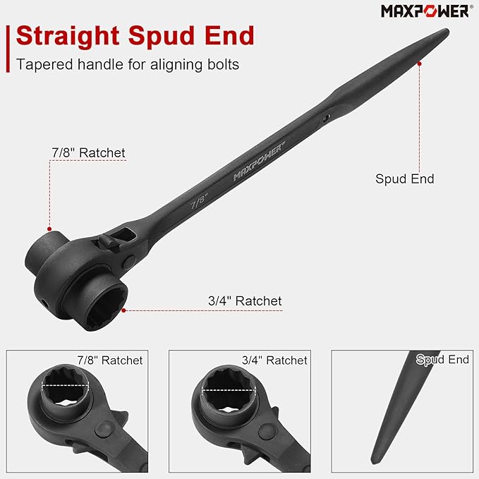 MAXPOWER 2PCS Scaffold Wrench Set, Dual Socket Scaffold 7/8 inch x 3/4 inch, and Metric 17 mm x 19 mm Spud Ratchet Scaffolding Tool