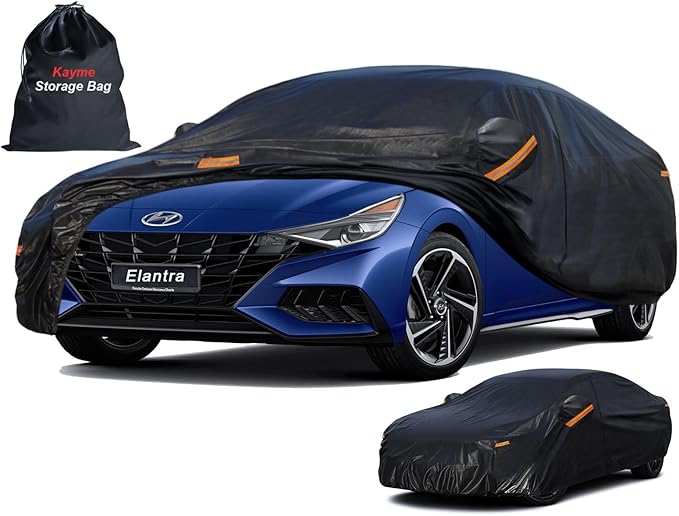 Kayme 7 Layers Car Cover Custom Fit for Hyundai Elantra (2006-2025) Waterproof All Weather for Automobiles, Outdoor Full Cover Rain Sun UV Protection.Black