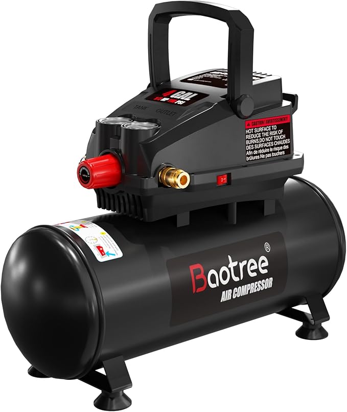 Baotree Portable Air Compressor, 4 Gallon Max 110PSI Oil Free Air Compressor Tank, 0.5HP Motor 0.6SCFM@90 PSI,1.0SCFM@40PSl Garage Air Compressors for Car Repair, Spray Painting, Woodwork Nailing