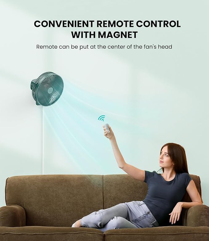 LEMOISTAR 10 Inch Wall Mounted Fan with Remote Control, 90° Oscillating, 4 Speeds, 4 Timer, Adjustable Tilt, 70 Inch Cord, Quiet, for Bedroom Garage RV Office Home Patio-Green