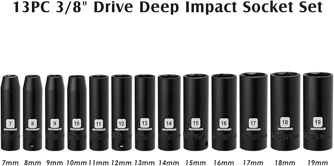 MIXPOWER 13 Pieces 3/8-Inch Drive Deep Impact Socket Set, 7mm to 19mm, CR-V, Metric, 6 Point, Deep, 13 Pieces 3/8" Dr. Socket