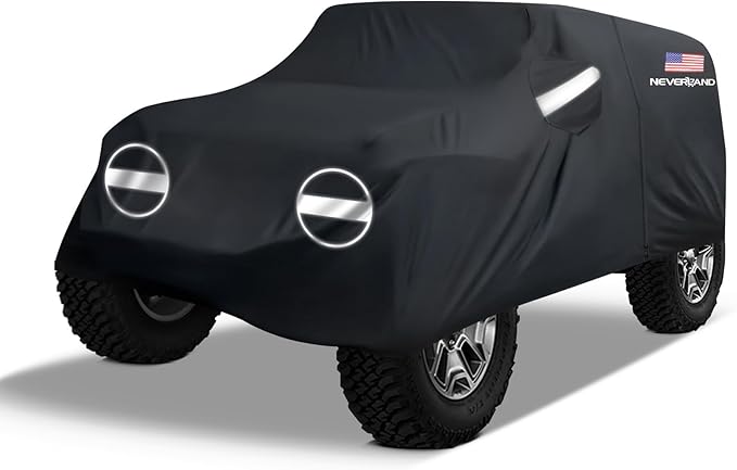 NEVERLAND Car Cover for Jeep Wrangler 4 Door Waterproof Car Covers, All Weather Protection Jeep Sun Rain Protection for Wrangler 4 Fits JK JL JLU JKU 2007-2025 Outdoor Covers Black with Door Zipper