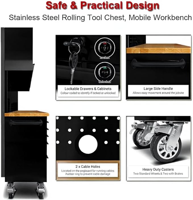 72-inch Rolling Tool Chest Cabinet Garage Workbench with 15 Storage Drawers and Wheels, 3 Upper Cabinet, Pegboard, Steel Large Tool Box for Garage Workshop, Matte Black
