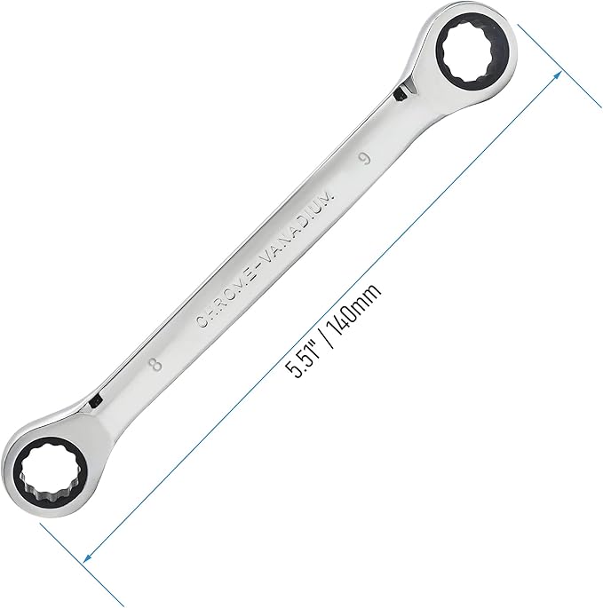 Double Box End Ratcheting Wrench 8mm x 9mm Metric 72 Teeth 12 Point Ratchet Gear Spanner Tools, Heat-Treated CR-V
