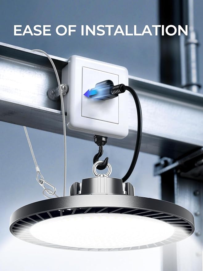 ELEKICO 300W UFO Led High Bay Light| 5000K 45000LM High Bay Led Shop Lights with 5ft Cable Hanging Hook Safe Rope| Shop Light & Garage Lighting Lights for Factory Workshop Warehouse Garage Barn