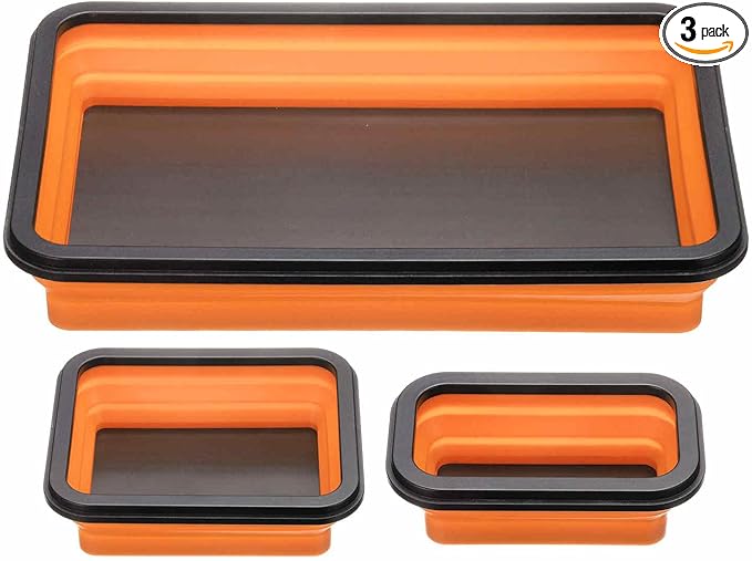 HARFINGTON 3pcs Collapsible Magnetic Parts Tray Set 3 Different Size Foldable Small Metal Parts Tool Tray Rectangle Silicone Bowls for Fixing Screw Bolts Nuts Washers Pins, Orange
