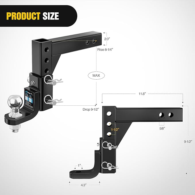 Nilight 8-Position Adjustable Trailer Hitch Ball Mount with 2 inch Ball Fits 2 Inch Receiver with 5/8" Pin Lock 7500 lbs, 9-1/2" Drop, 8-1/4" Rise Hitch for Trailers Boats Pickups RV