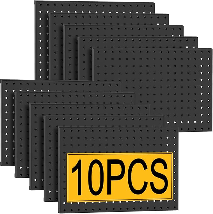 PBHEPJ 10 Pcs Metal Pegboard Panels, Heavy Duty Peg Boards for Garage and Garden Tool Storage, Includes Drywall Anchors and Screws Kits, Black (10 pcs 16in x 12in)