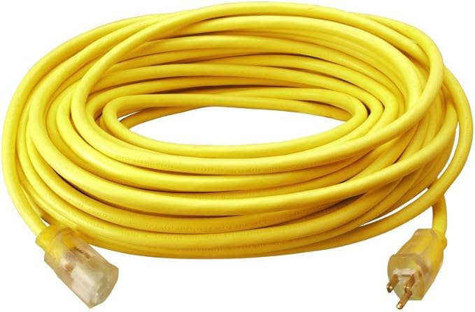 Southwire Outdoor Extension Cord – Durable Vinyl Jacket for For Farm, Ranch & Workshop - Lighted End With Reinforced Blades - SJTW, Yellow - 12 Gauge, 3 Prong - 100 Feet