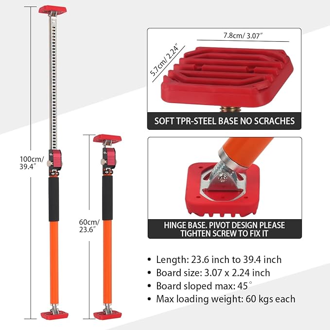 MOETER Adjustable Support Pole, 2 Pack Cabinet Jack Support Pole, 23.6 to 39.4 Inches 3rd Hand Support System, Premium Steel Cabinet Lift Jack, 132 LB Capacity for Cabinet, Cargo Bars, Drywall