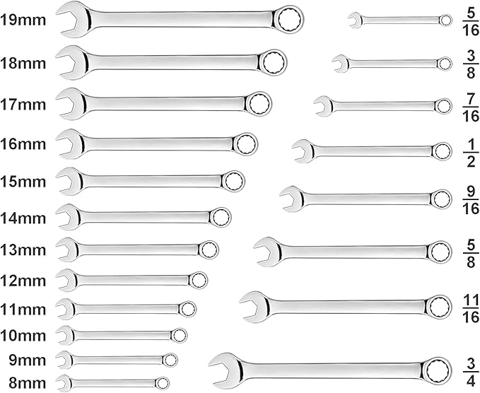Max Torque 20-Piece Premium Metric and SAE Combination Wrench Set in Rack | Metric Size 8mm - 19mm, Inch Size 5/16” - 3/4” | Longer Wrench Body Design, Chrome Vanadium Steel, Unique V-Groove Open End