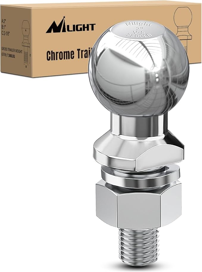 Nilight 2-Inch Diameter Chrome Trailer Hitch Ball, 7,500 lbs, 1 x 2-1/8-Inch Shank Universal Fit,Gray