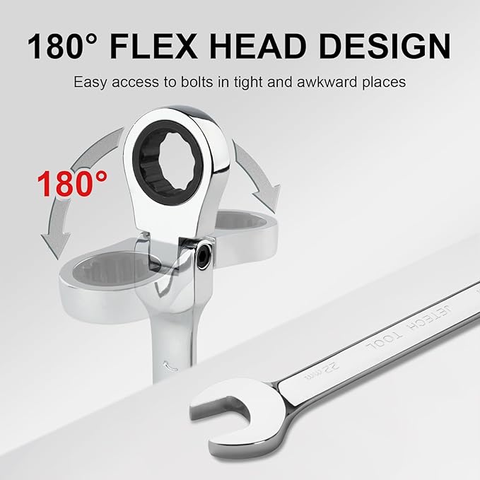 Jetech 22mm Flex-Head Ratcheting Combination Wrench, Premium Industrial Grade Spanner 72-Tooth Cr-V Steel - 180 Degree Flexible Box End Perfect for Tight Spaces, Auto & DIY Repair