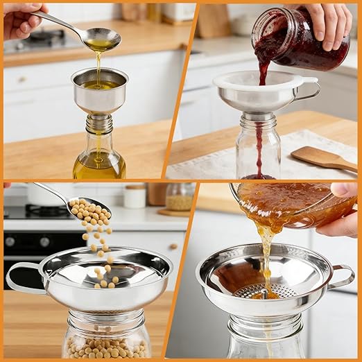 6Pcs Stainless Steel Canning Funnels Set, Wide Mouth Food Canning Funnels for Regular Mason Jar, Kitchen Large Cannin-g Supplies Kit for Filling Bottle(Color:Silver)