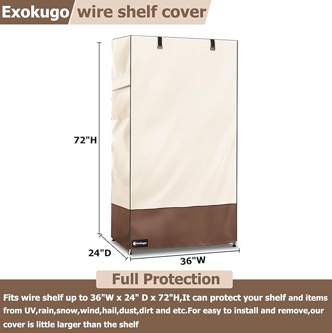 Wire Shelf Cover,600D Heavy Duty 100% Waterproof Shelf Covers for Wire Shelving,Outdoor Storage Shelves Cover for Metal Rack,36" W x 24" D x 72" H,Beige & Brown