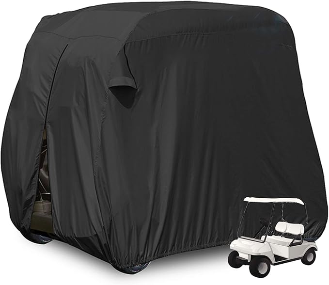 Moveland Waterproof Dust Golf Cart Cover Outdoor Accessories, Extra PVC Coating 2 Passenger Custom Cart Cover Compatible with EZ GO, Club Car, Yamaha(Black)