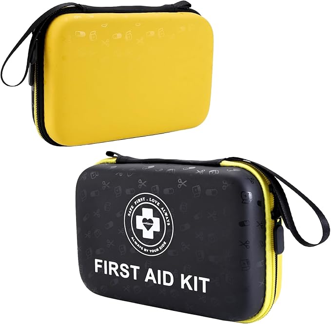Premium First Aid Kit - 305 Piece Dual-Color Emergency Kit with Hard Shell & Fluorescent Interior Coating, Compact Survival Kit for Home, Car, Travel, Hiking & Outdoor (Black/Yellow)