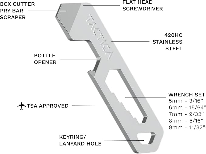 TACTICA M.005 Micro Tool, 6-in-1 Stainless Steel EDC Pry Bar Multitool Keychain, Wrench, Screwdriver and Keychain Bottle Opener, Ultralight Every Day Carry (Silver)
