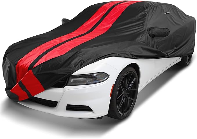 iCarCover Custom Car Cover Compatible with 2006-2023 Dodge Charger, Waterproof All-Weather Rain Snow UV Sun Protector Full Exterior Indoor Outdoor Car Covers, Stripe (Black/Red)