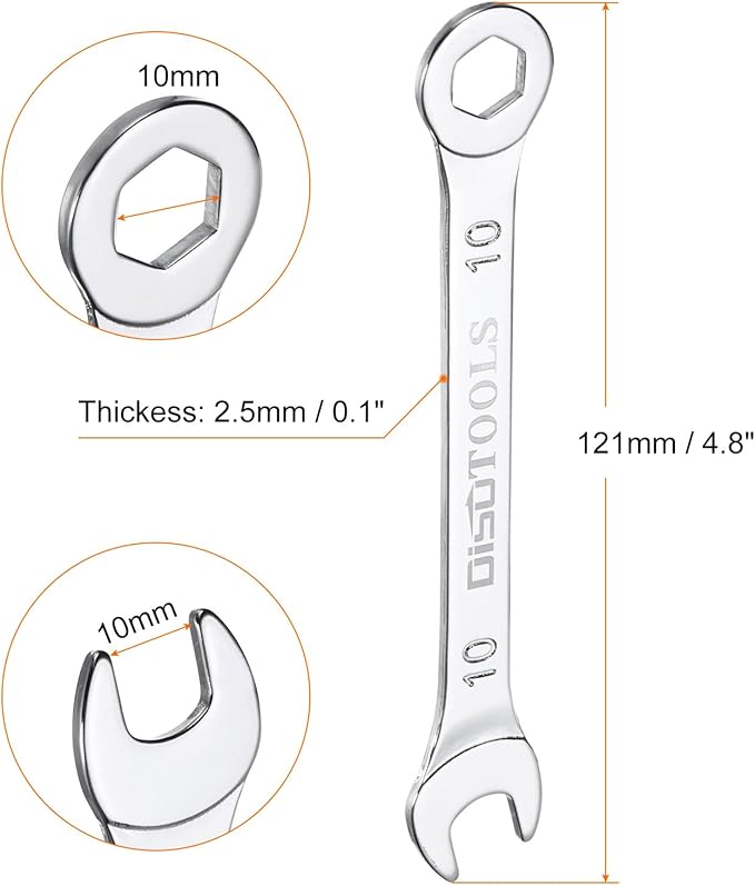HARFINGTON Thin Combination Wrench Metric 10mm 6-Point Ended Box 15 Degree Offset Open End CR-V Chrome Plated Steel, Silver