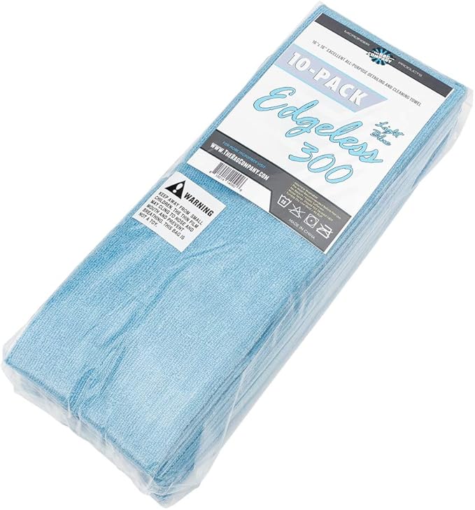 The Rag Company - Edgeless 300 - Microfiber Detailing Towels, Perfect for Removing Polishes, Sealants, and Glaze; Great for Interior Cleaning and Dirty Jobs; 300GSM, 16in x 16in, Light Blue (10-Pack)