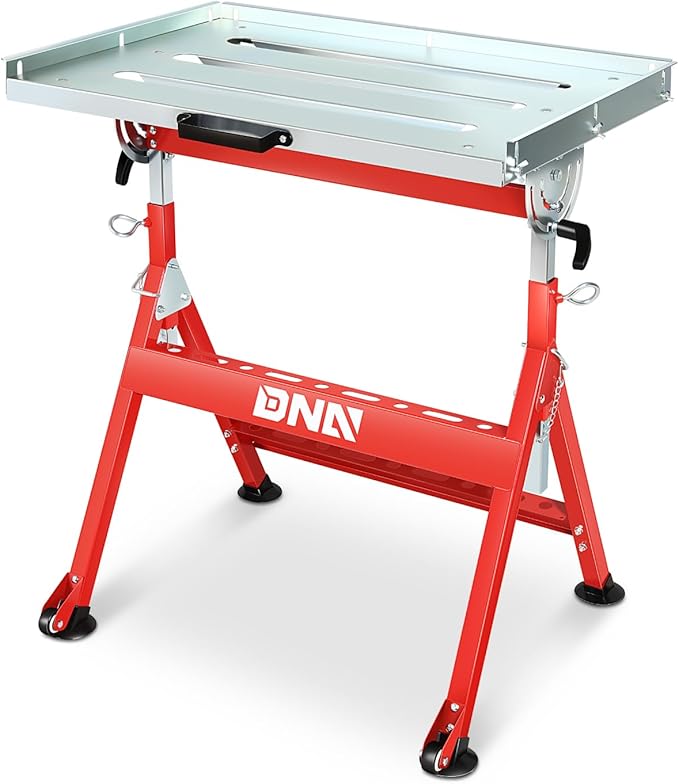 DNA Motoring Carbon Steel Welding Table 29.5in x 19.3in 400lbs Loding Capacity, Adjustable Angle & Height, Portable Work Bench with 2 Fixed Wheels, TOOLS-00461
