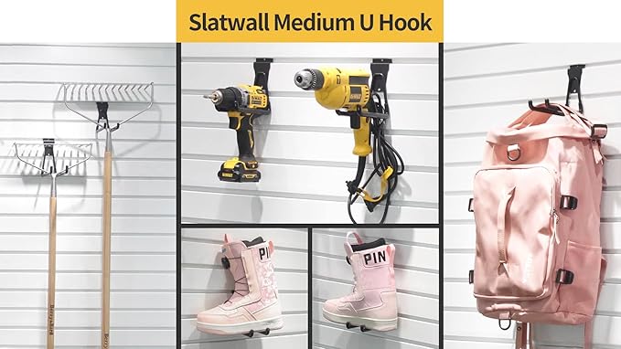 Slatwall Accessories, Black Slatwall Hooks, Garage Utility Hooks for Slatwall, 6 Pack Medium U Hook