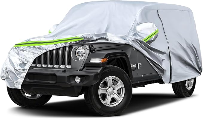 Waterproof Car Covers Replace for 2007-2025 Jeep Wrangler 4 Doors, 6 Layers Silver All Weather Car Cover with Zipper Door & Windproof Bands for Snow Rain Dust Hail Protection