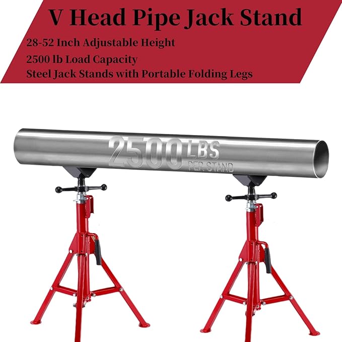 PioneerWorks V Head Pipe Jack Stand, 28-52in Adjustable Height, 2500Lbs Load, 1/8"-12" Pipe Capacity, Heavy Duty Pipe Stand Carbon Steel, Steel Jack Stands Portable Folding for Welding, Threading