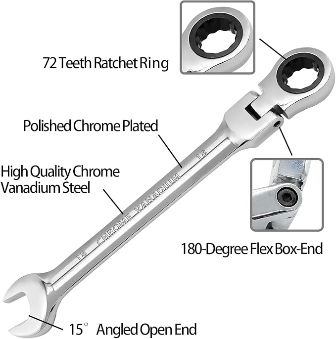 18mm Flex Head Ratchet Wrench, 12 Point Chrome Vanadium Steel Combination Spanner with 72 Tooth Ratcheting Gear, Metric Industrial Grade Tool for Automotive and Mechanical Maintenance