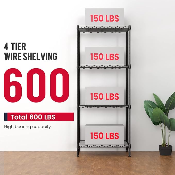 BestOffice 4-Shelf Adjustable Storage Shelving Unit Metal Rack Wire Shelf 600Lbs Capacity with 4 PP Sheets 18L x 12W x 44H for Laundry Bathroom Kitchen Garage,Black