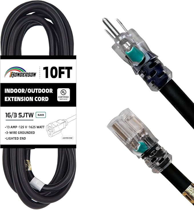 Indoor Outdoor Extension Cord Weatherproof with Lighted End, UL Certified, 16 Gauge 10FT Black 3 Prong Heavy Duty, 16/3 SJTW 13A Power Cord for Outdoor Lights, Lawn