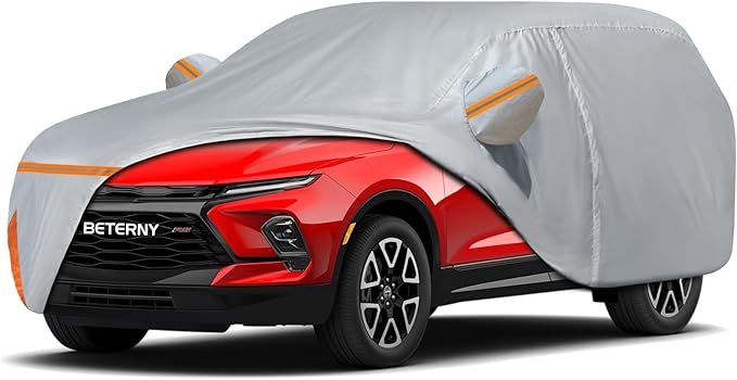 Car Cover for 2019-2025 Chevy Blazer, Waterproof Custom-fit All Weather Sun Rain UV Dust Snow Protection Outdoor Blazer Full Car Cover with Door Zipper and Cotton Lining-Grey