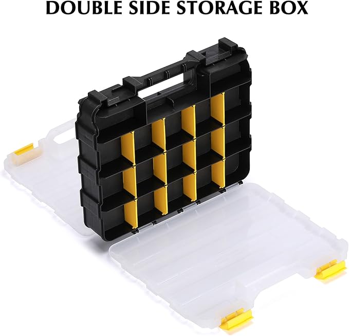 EMENTOL 2PCS Double Side Tool Organizer with Customizable/Removable Plastic Dividers, Hardware Box Storage for Screws, Nuts, Nails, Bolts, 34-Compartment, Black/Yellow