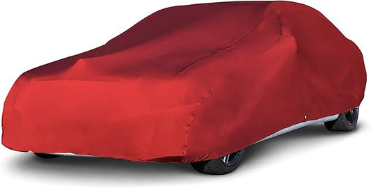 Budge Indoor Stretch Car Cover, Premium Dustproof Protection with Soft Fleece Lining, Breathable Indoor Car Cover Fits Vehicles up to 228 Inches, Red