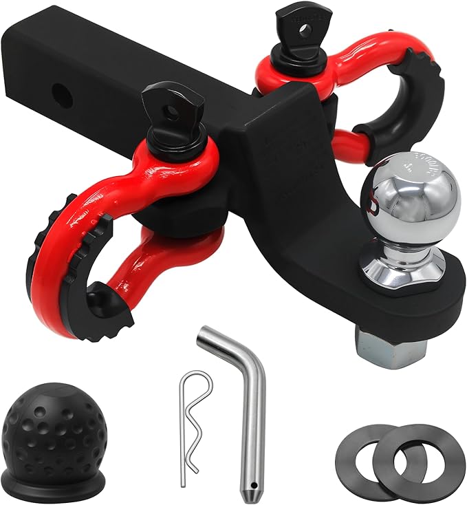 Trailer Hitch Ball Mount with 2 D Ring Tow Shackles Compatible with 2" Hitch Receiver 7500 lbs Capacity, 2" Ball Hitch and 3/4" Red Shackle Combo Suitable for Trucks, Suvs, Sedans, and Other Vehicles