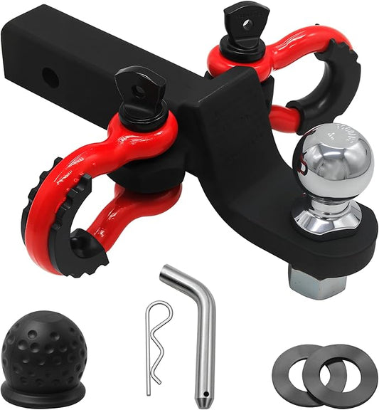Trailer Hitch Ball Mount with 2 D Ring Tow Shackles Compatible with 2" Hitch Receiver 7500 lbs Capacity, 2" Ball Hitch and 3/4" Red Shackle Combo Suitable for Trucks, Suvs, Sedans, and Other Vehicles