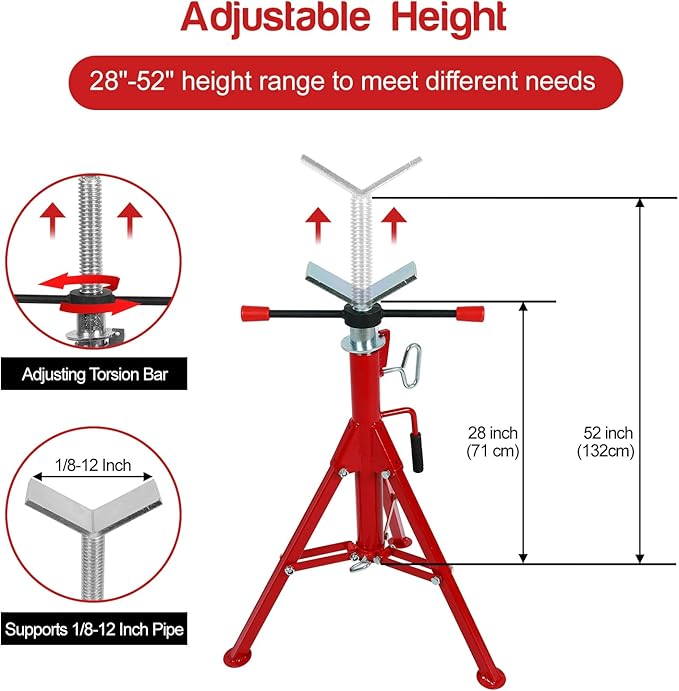 BLACKHORSE-RACING V Head Pipe Stand, 28"-52" Adjustable Height, 2500 LB Maximum Weight Limit, 1/2"-12" Pipe Support, Steel Folding Portable Pipe Stand Jack