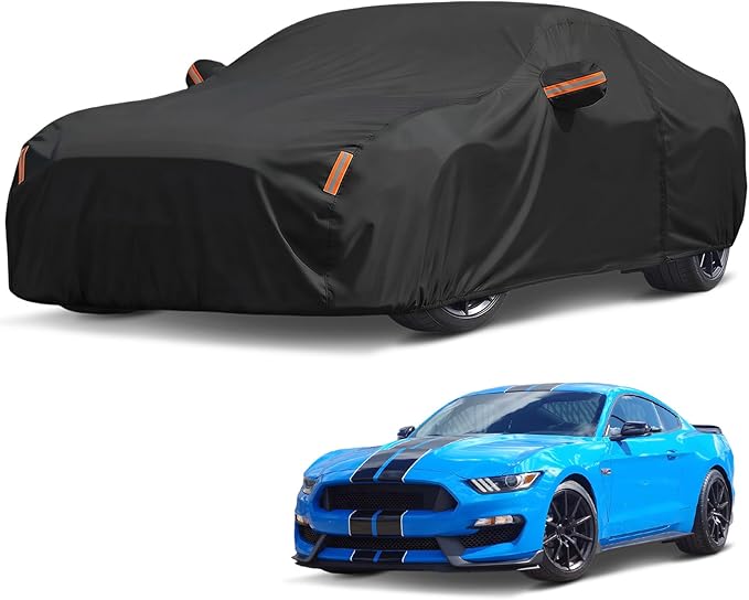 Car Cover Custom Fit for Ford Mustang 1994-2026, Outdoor Waterproof All Weather Heavy Duty Full Exterior Cover for Sun Rain Snow UV Dust Protection with Door Zipper